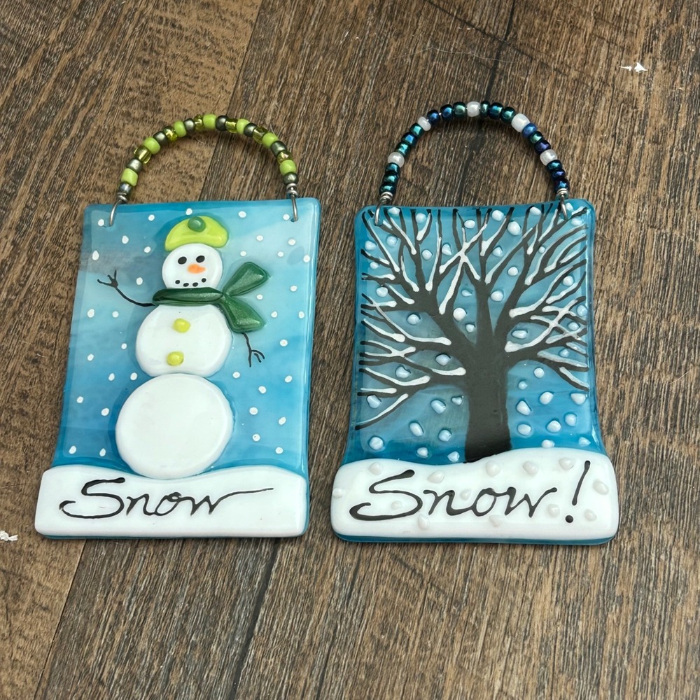 Handmade Fused Glass Winter Snowman and Tree Ornaments Suncatchers Set of 2 Blue